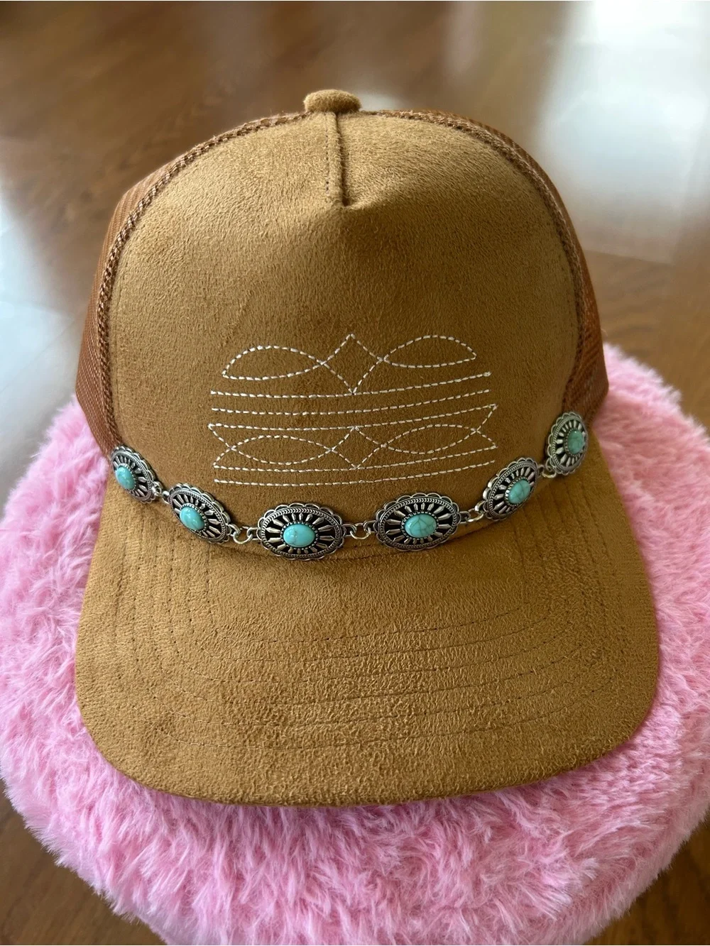 Custom Western Suede Trucker Hat with Turquoise & Silver Conchos